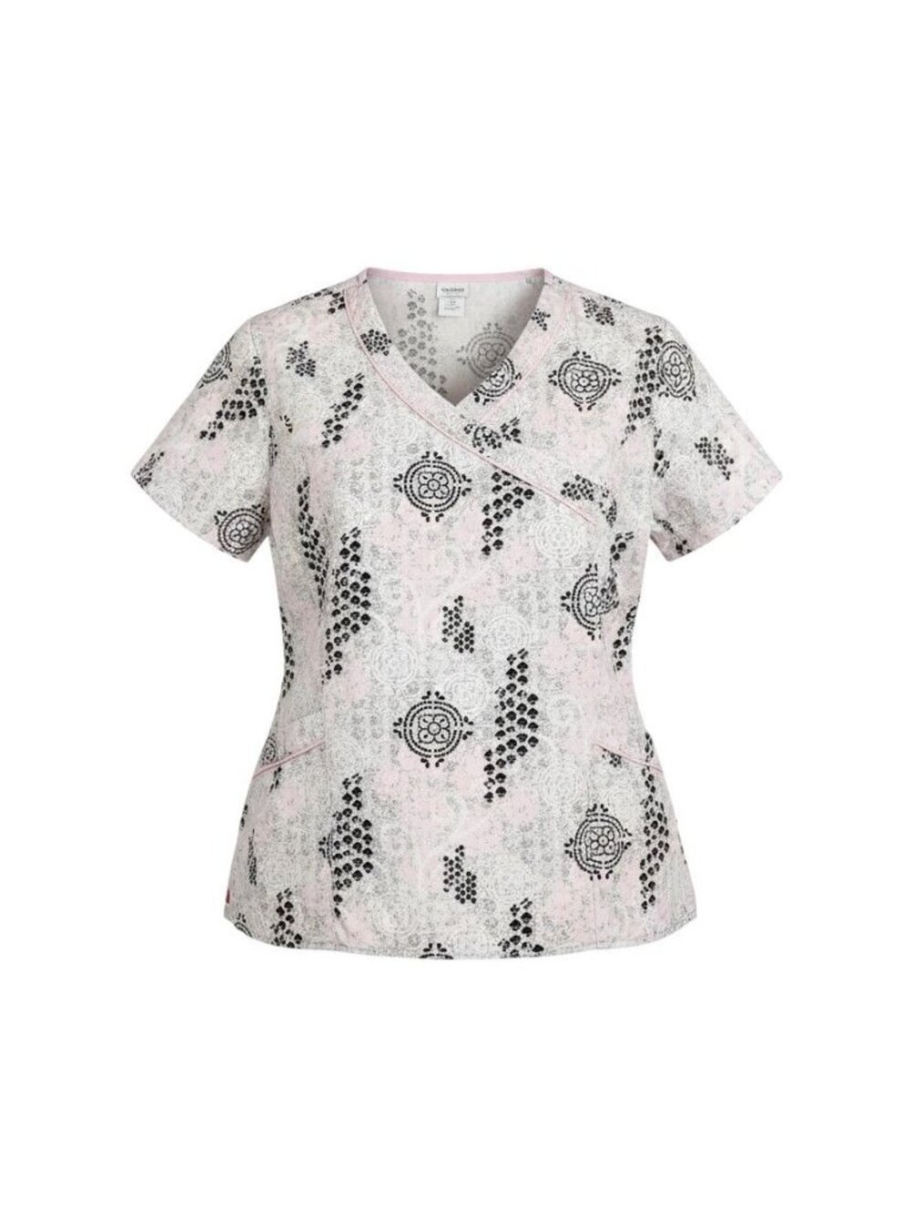 Dickies Womens Pink & Black Floral Print V-Neck Scrub Top Side Pockets 2XL